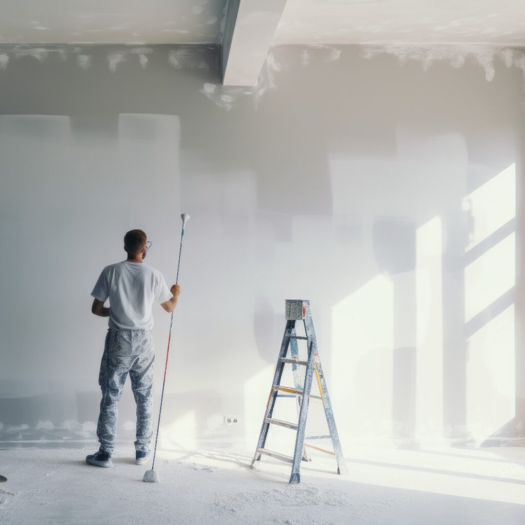 Asiatischer Maler, männlicher Arbeiter, streicht eine Wand mit einer Farbrolle Neuanstrich der Wände im Haus